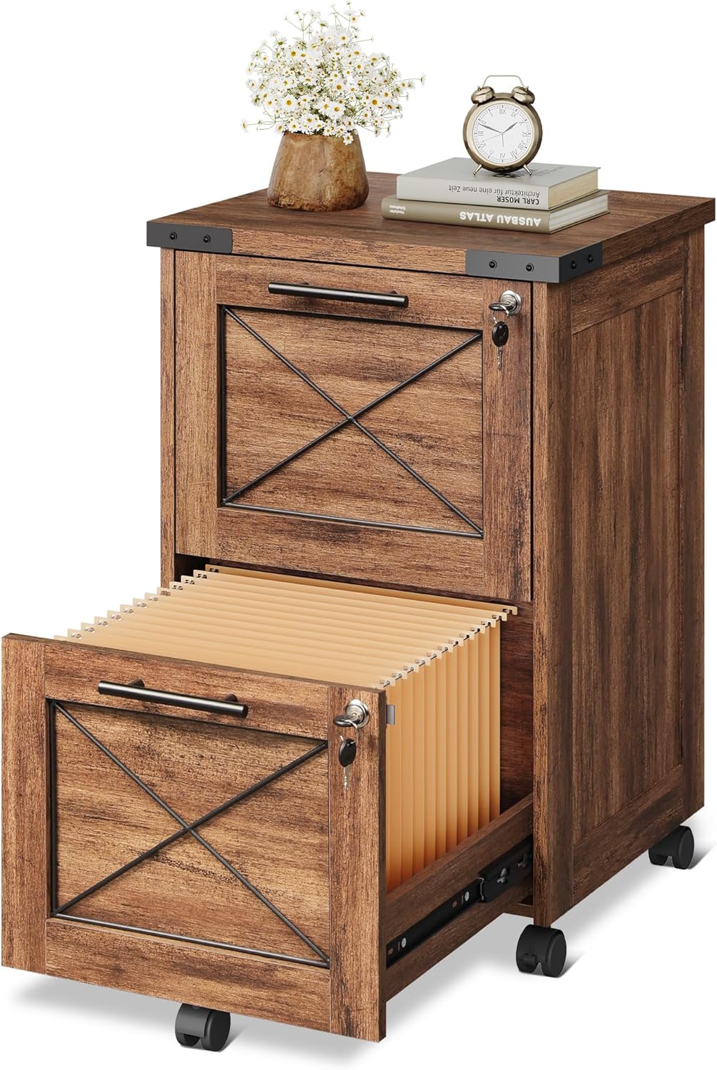 DEVAISE 3-Drawer File Cabinet with Hanging Files, Mobile Rolling Storage Cabinet for Home Office, Printer Stand, Farmhouse Style, Oak