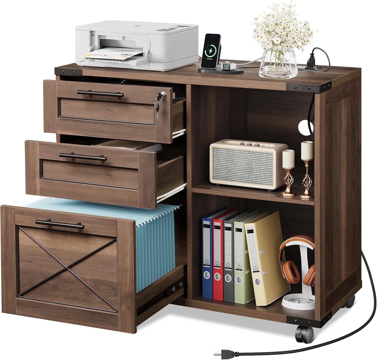 DEVAISE 3-Drawer File Cabinet with Hanging Files, Mobile Rolling Storage Cabinet for Home Office, Printer Stand, Farmhouse Style, Oak