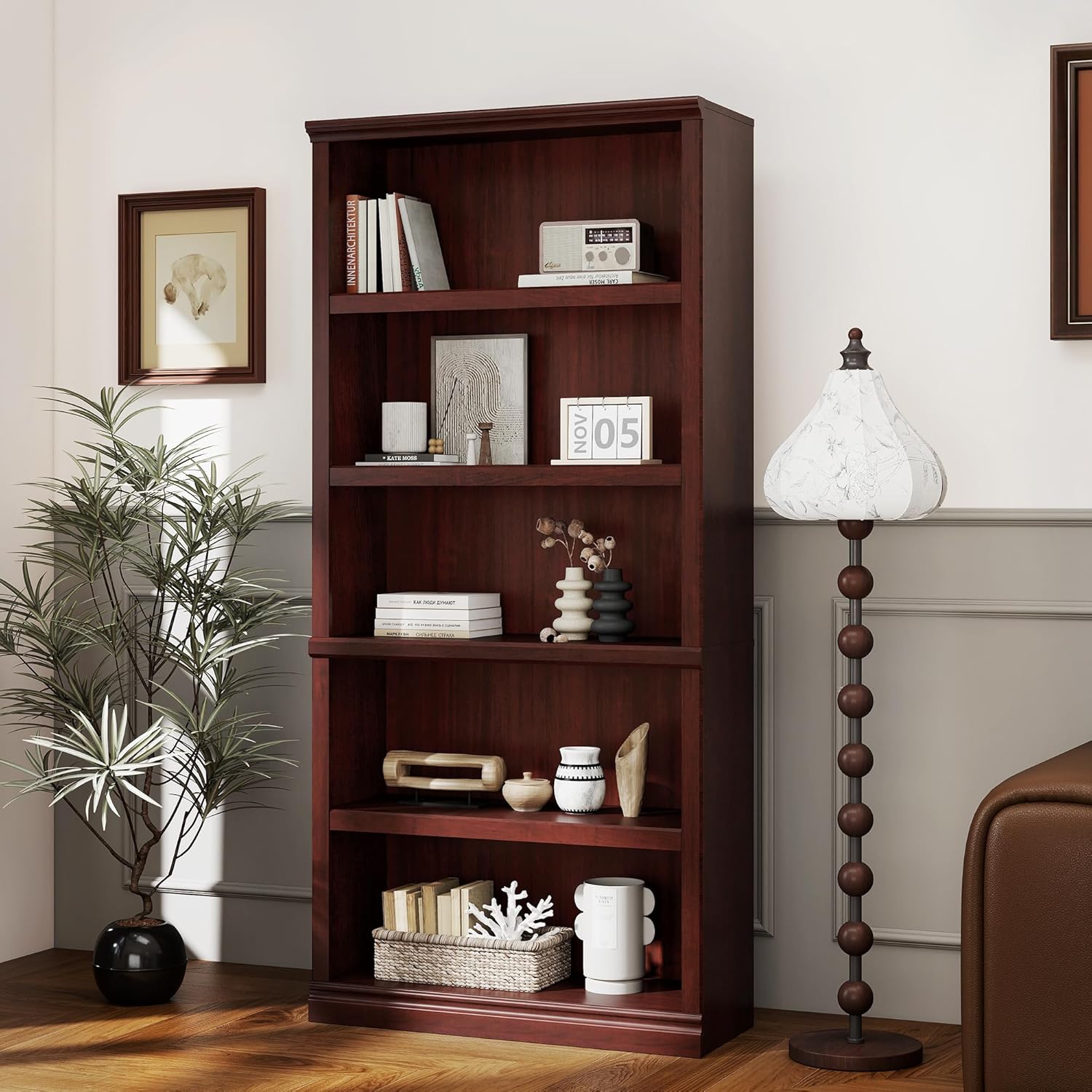 blini 5-Shelf Tall Bookcase White Wooden Bookshelves 33in Wide 5 Tier Bookcases with Adjustable Shelves Floor Standing Display Book Shelves 70 in Tall Bookcase for Home Office, Living Room, Bed Room