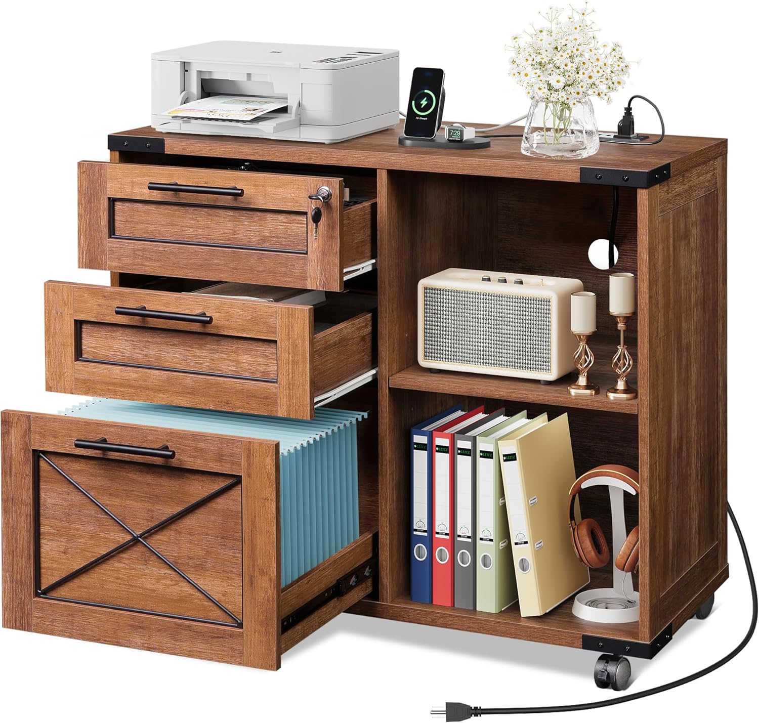 DEVAISE 3-Drawer File Cabinet with Hanging Files, Mobile Rolling Storage Cabinet for Home Office, Printer Stand, Farmhouse Style, Oak