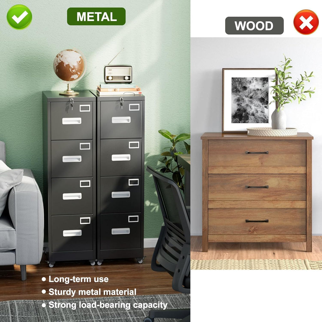 Aobabo 4 Drawer File Cabinet with Wheels, Lockable Metal Filing Cabinet with Name Card for Office and Home,Assembly Required,Black