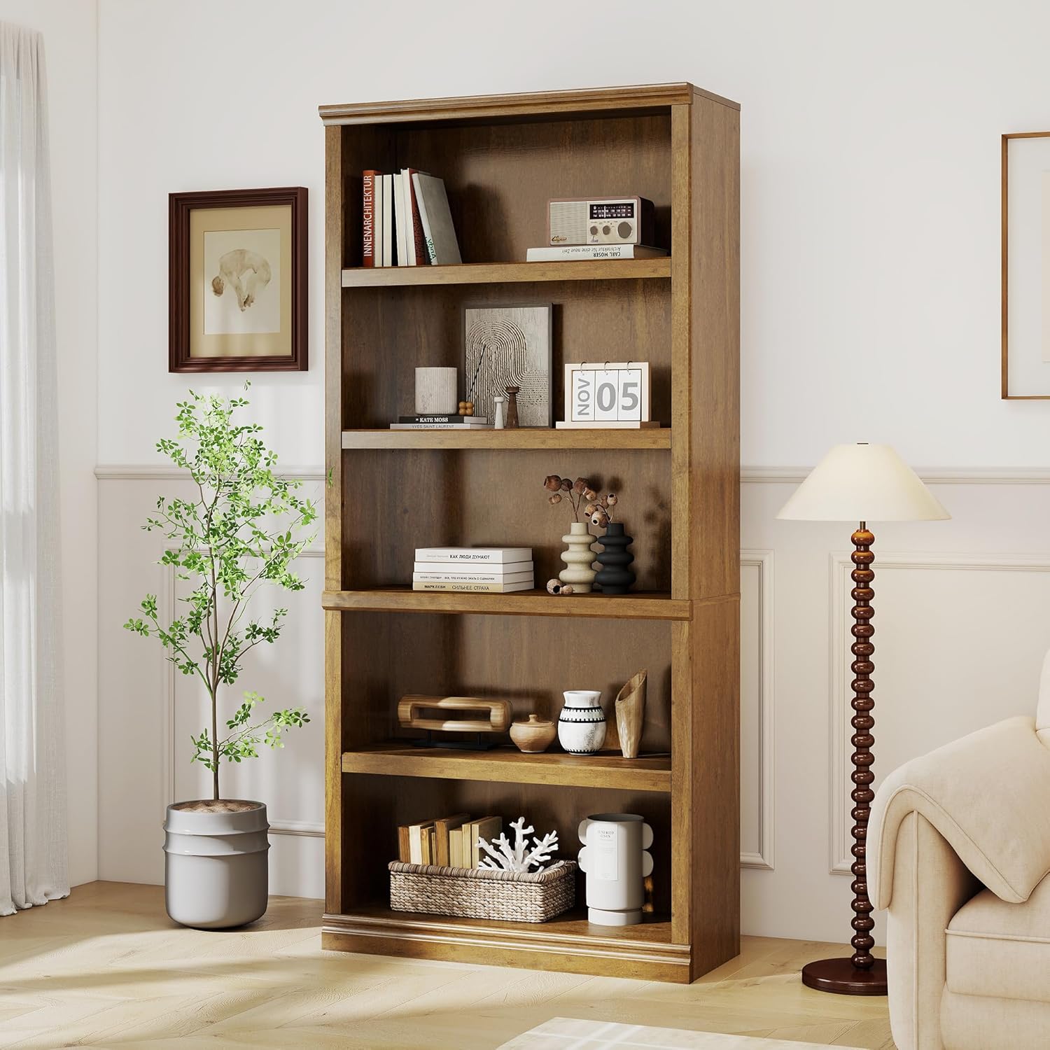 blini 5-Shelf Tall Bookcase White Wooden Bookshelves 33in Wide 5 Tier Bookcases with Adjustable Shelves Floor Standing Display Book Shelves 70 in Tall Bookcase for Home Office, Living Room, Bed Room