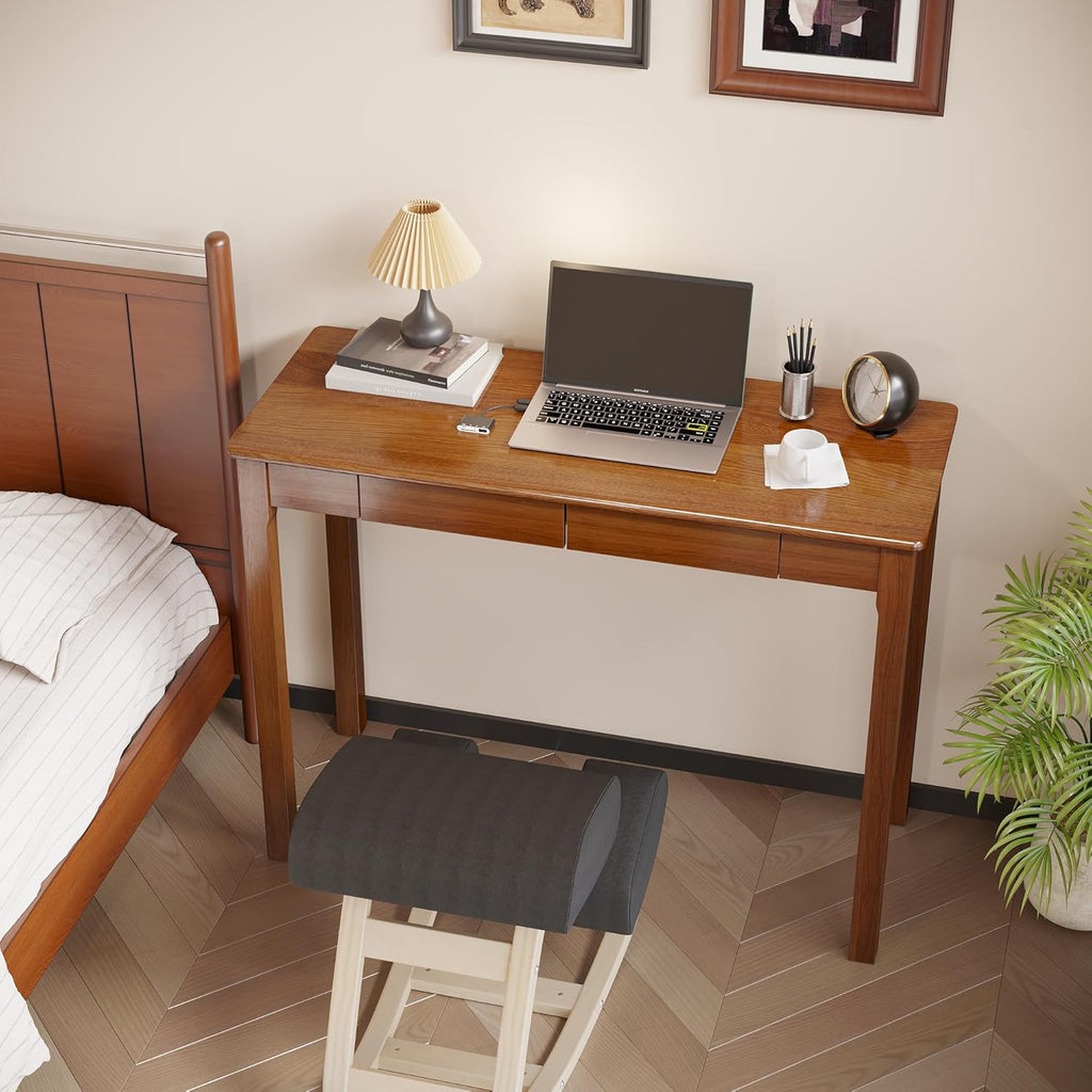 Solid Wooden Desk with Drawers - 39 x 16 Inch Narrow Desks, Rubberwood Mid Century Modern Desks, Small Writing Desk for Bedroom|Small Spaces - Walnut Color