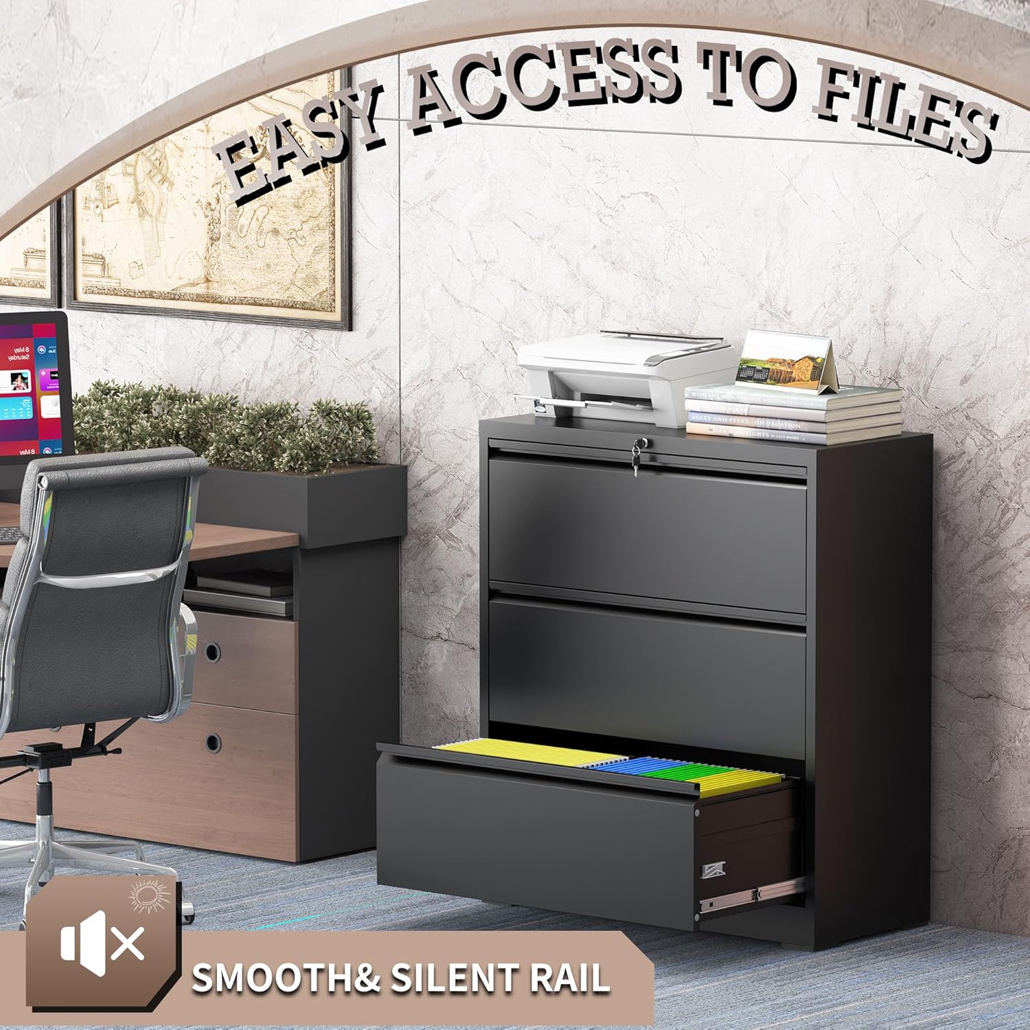 3 Drawer Lateral File Cabinet for Home Office, Lateral File Cabinets with Lock, Metal File Cabinet, Heavy Duty File Storage Cabinet for Legal/Letter/A4 Document, Assembly Required, Black