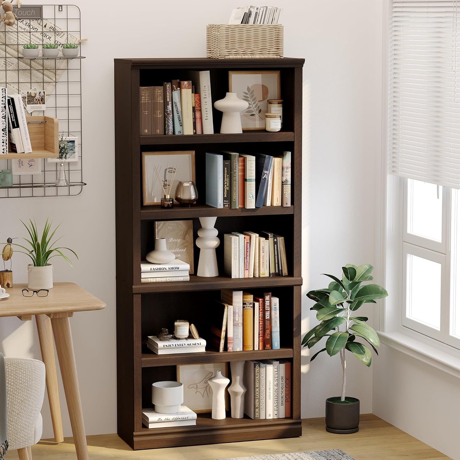blini 5-Shelf Tall Bookcase White Wooden Bookshelves 33in Wide 5 Tier Bookcases with Adjustable Shelves Floor Standing Display Book Shelves 70 in Tall Bookcase for Home Office, Living Room, Bed Room