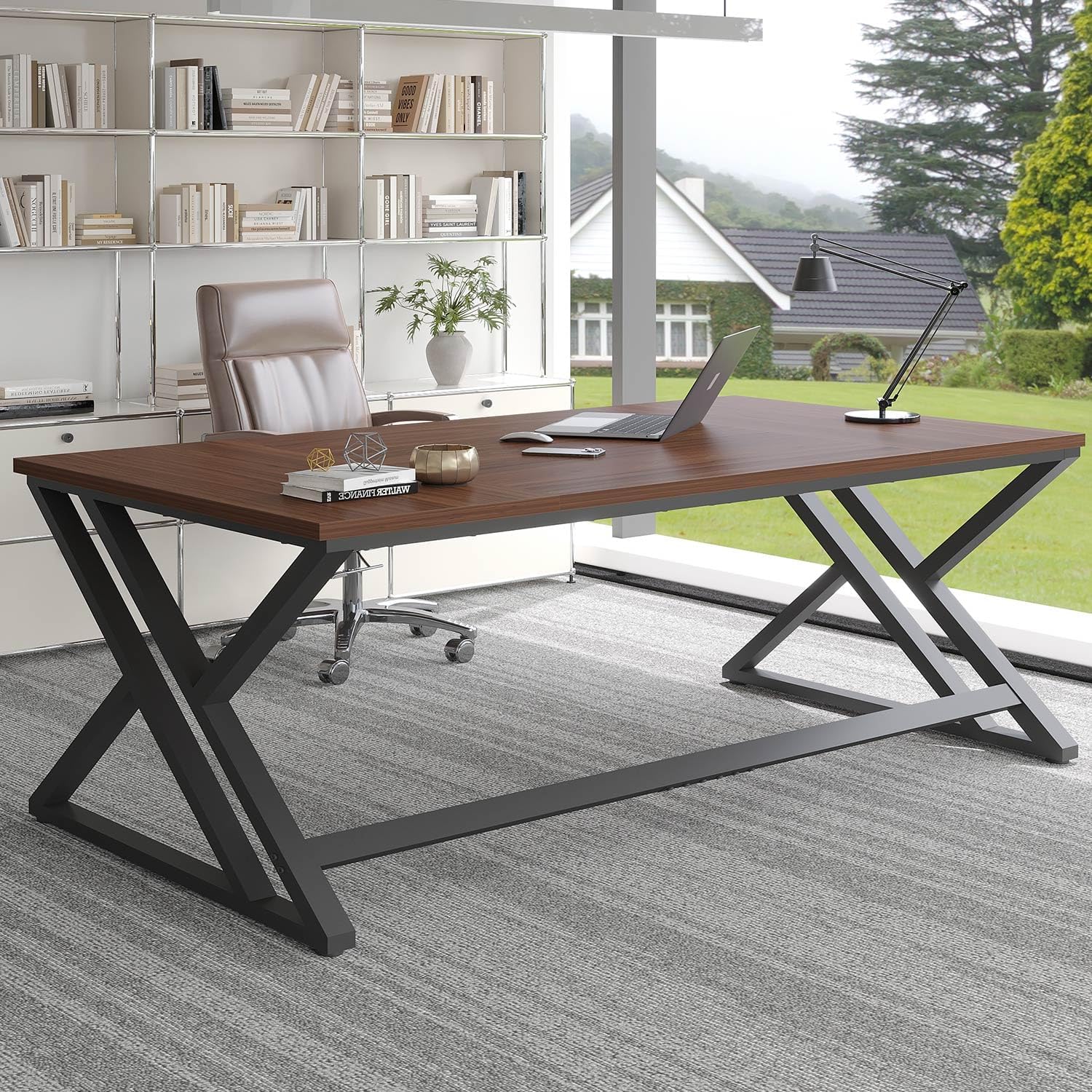 LVB Long Rustic Computer Desk, Industrial Large Wood Metal Office Desk, Modern Pc Study Gaming Writing Table for Two Person, Workstation Executive Desk for Home Bedroom Living Room, Dark Gray, 70 Inch