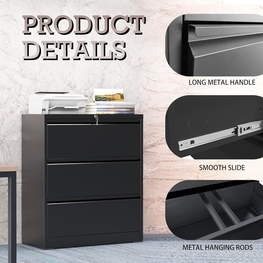 3 Drawer Lateral File Cabinet for Home Office, Lateral File Cabinets with Lock, Metal File Cabinet, Heavy Duty File Storage Cabinet for Legal/Letter/A4 Document, Assembly Required, Black