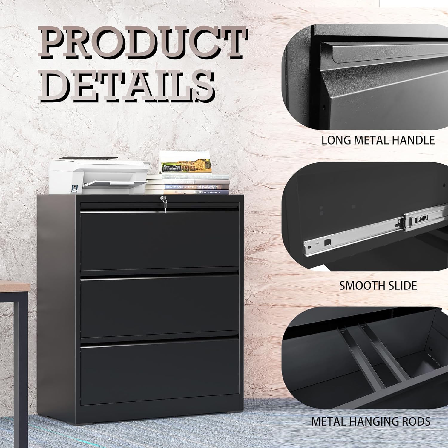 3 Drawer Lateral File Cabinet for Home Office, Lateral File Cabinets with Lock, Metal File Cabinet, Heavy Duty File Storage Cabinet for Legal/Letter/A4 Document, Assembly Required, Black