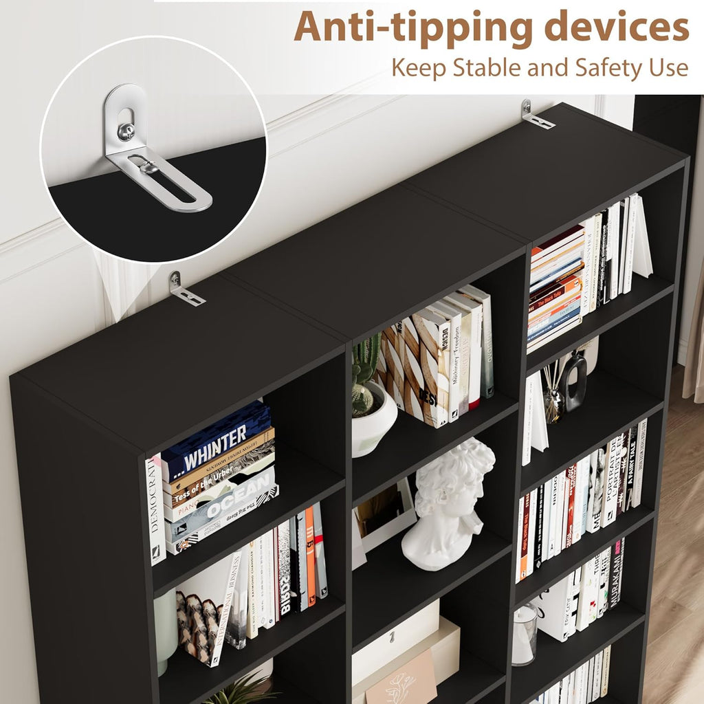 FACBOTALL Triple Wide Bookshelf, 6 Tier Large Bookshelf, Bookcase with 17 Open Display Shelves, 74'' Tall Bookcases and Bookshelves for Living Room, Home Office, Library, Black