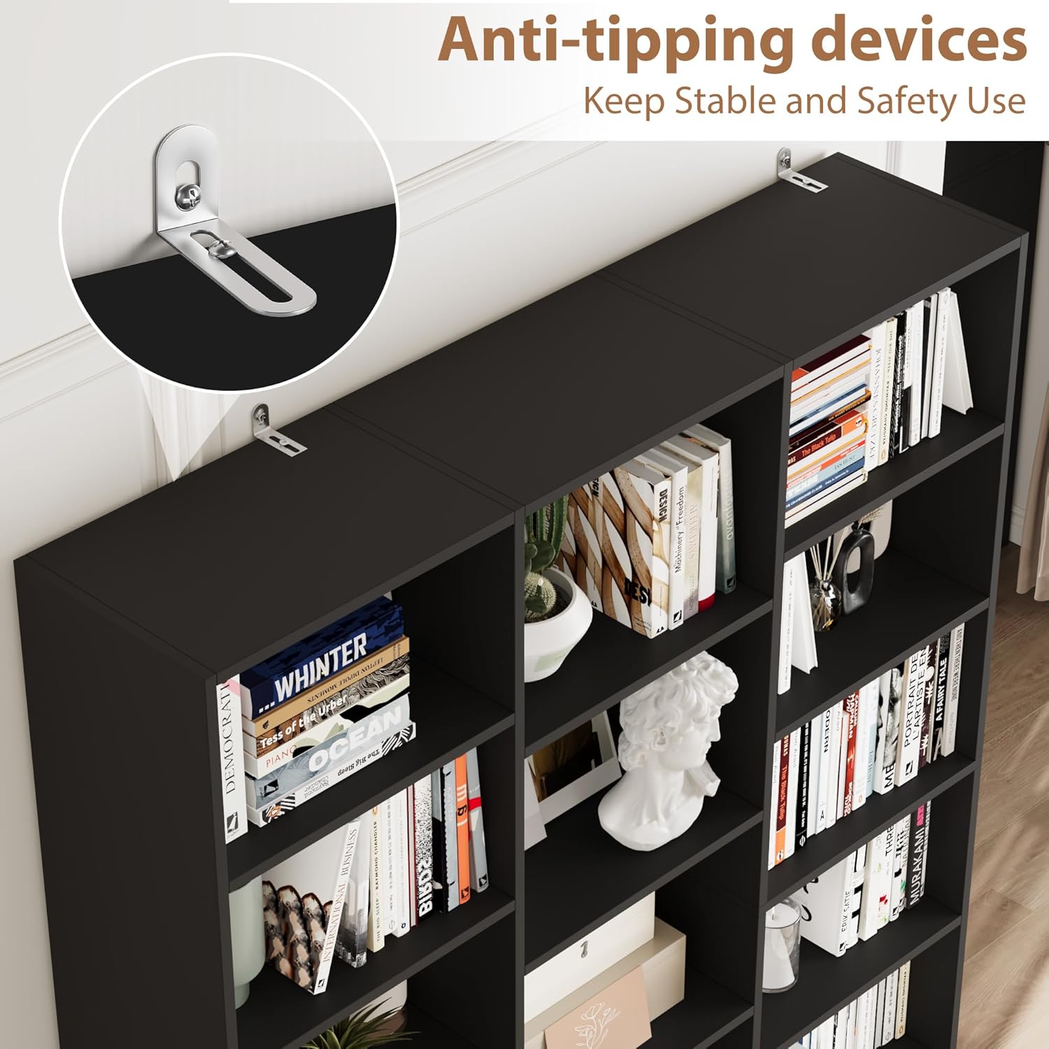 FACBOTALL Triple Wide Bookshelf, 6 Tier Large Bookshelf, Bookcase with 17 Open Display Shelves, 74'' Tall Bookcases and Bookshelves for Living Room, Home Office, Library, Black