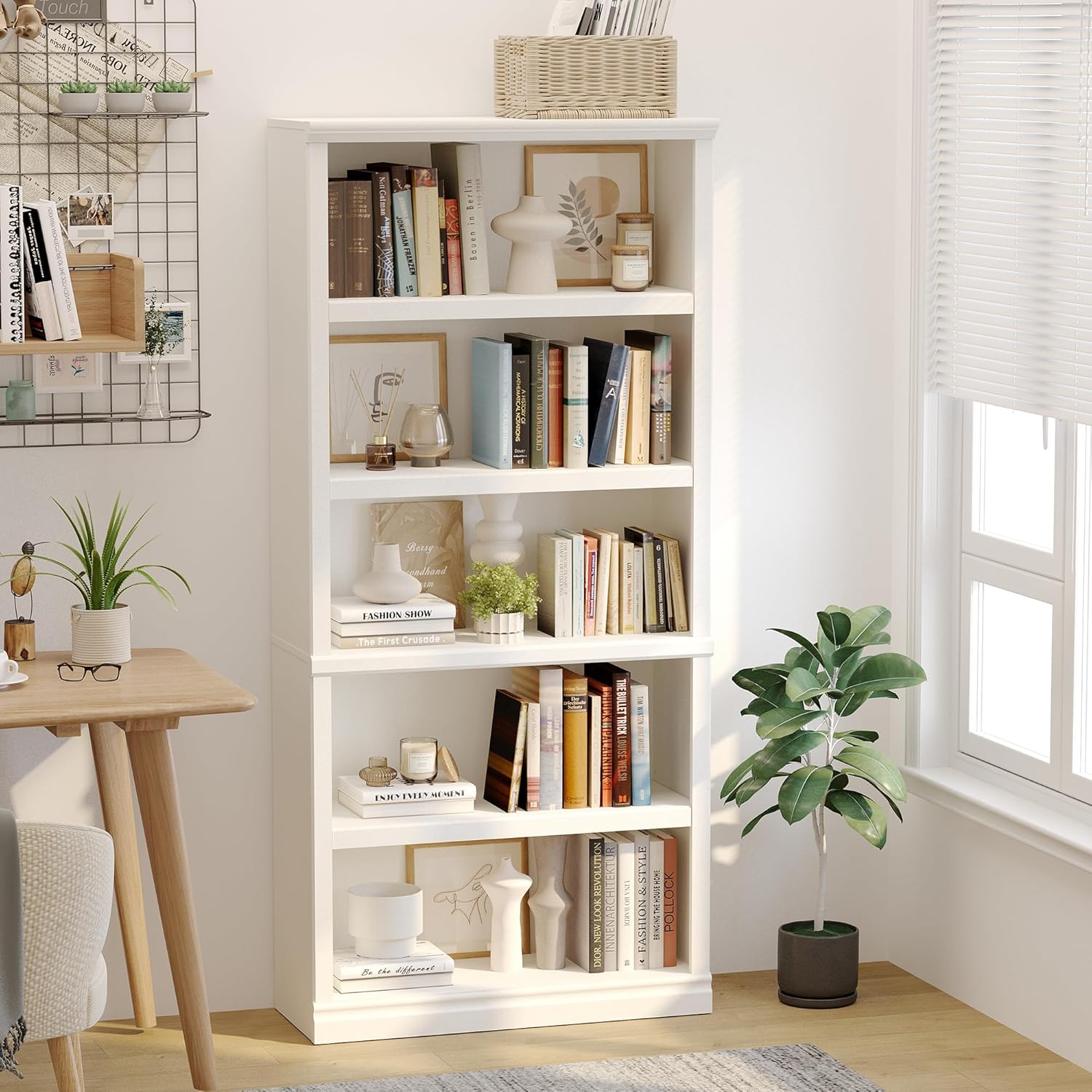 blini 5-Shelf Tall Bookcase White Wooden Bookshelves 33in Wide 5 Tier Bookcases with Adjustable Shelves Floor Standing Display Book Shelves 70 in Tall Bookcase for Home Office, Living Room, Bed Room