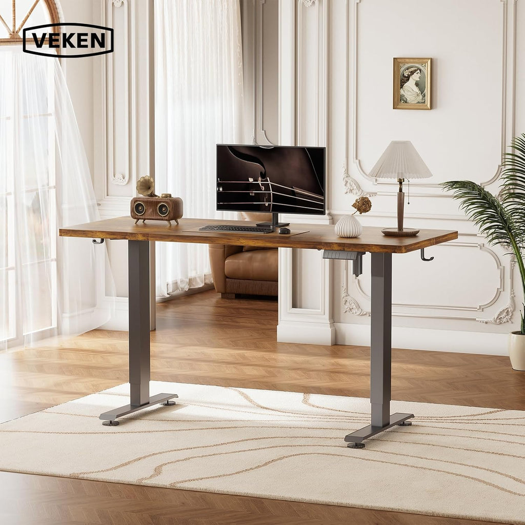 Veken 55 Inch Large Electric Standing Desk, Heights Adjustable, Sit to Stand Up, Work Home Office Computer Table for Study, Walking Pad, Writing, and Games, Wooden Desktop Desks, Brown