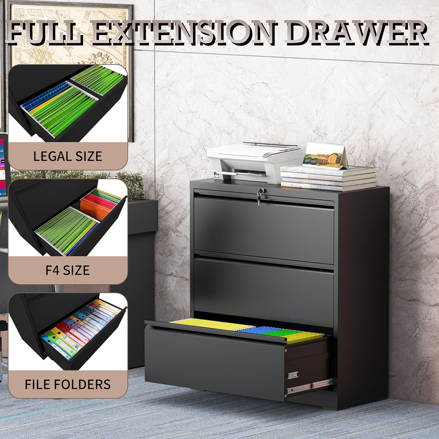 3 Drawer Lateral File Cabinet for Home Office, Lateral File Cabinets with Lock, Metal File Cabinet, Heavy Duty File Storage Cabinet for Legal/Letter/A4 Document, Assembly Required, Black