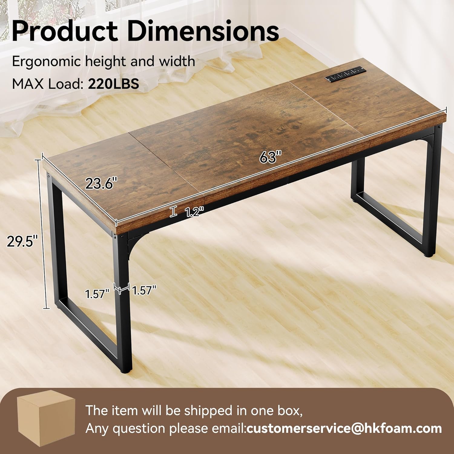 63 x 23.6 Inch Computer Desk with Power Outlets, 1.2 Inch Extra-Thick Desktop, Deeper Office Desk with Robust Metal Tubes, Gaming Writing Work Desk for Home Office, Rustic Brown and Black