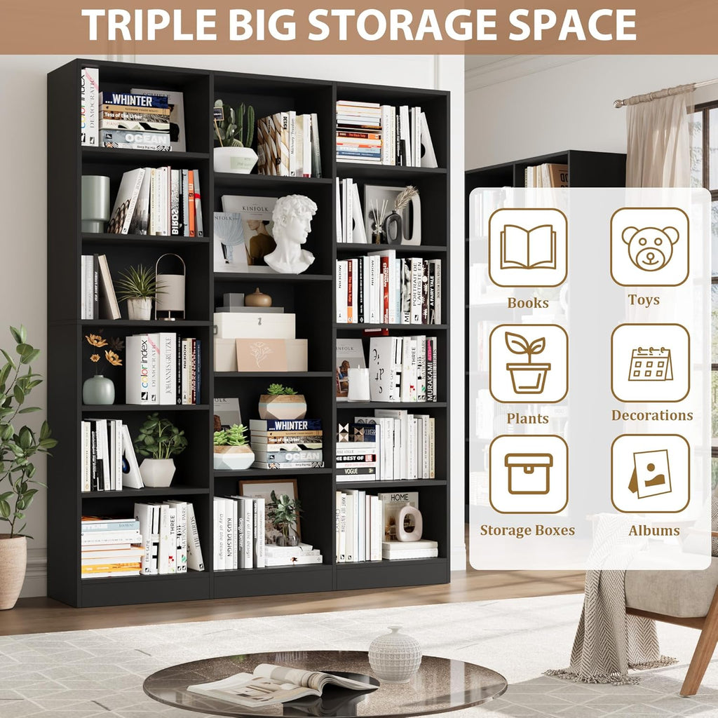 FACBOTALL Triple Wide Bookshelf, 6 Tier Large Bookshelf, Bookcase with 17 Open Display Shelves, 74'' Tall Bookcases and Bookshelves for Living Room, Home Office, Library, Black