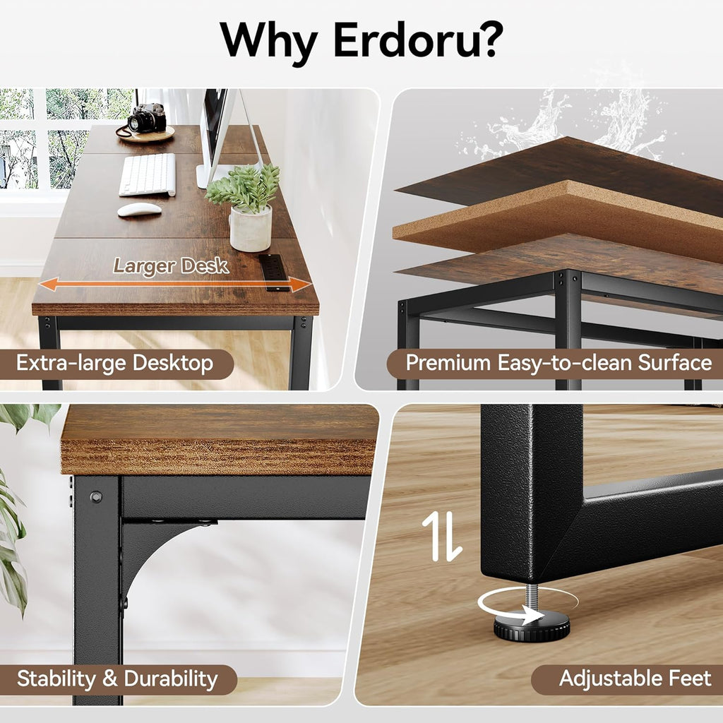 63 x 23.6 Inch Computer Desk with Power Outlets, 1.2 Inch Extra-Thick Desktop, Deeper Office Desk with Robust Metal Tubes, Gaming Writing Work Desk for Home Office, Rustic Brown and Black