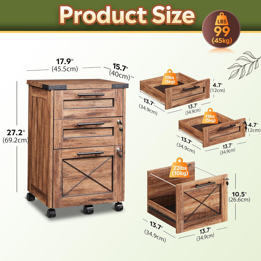 DEVAISE 3-Drawer File Cabinet with Hanging Files, Mobile Rolling Storage Cabinet for Home Office, Printer Stand, Farmhouse Style, Oak