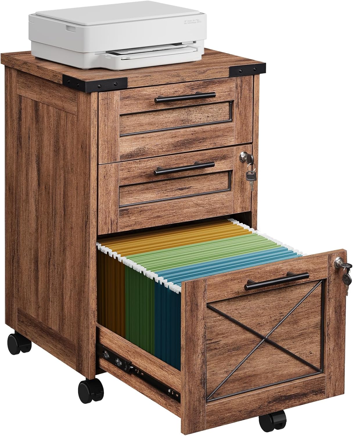 DEVAISE 3-Drawer File Cabinet with Hanging Files, Mobile Rolling Storage Cabinet for Home Office, Printer Stand, Farmhouse Style, Oak