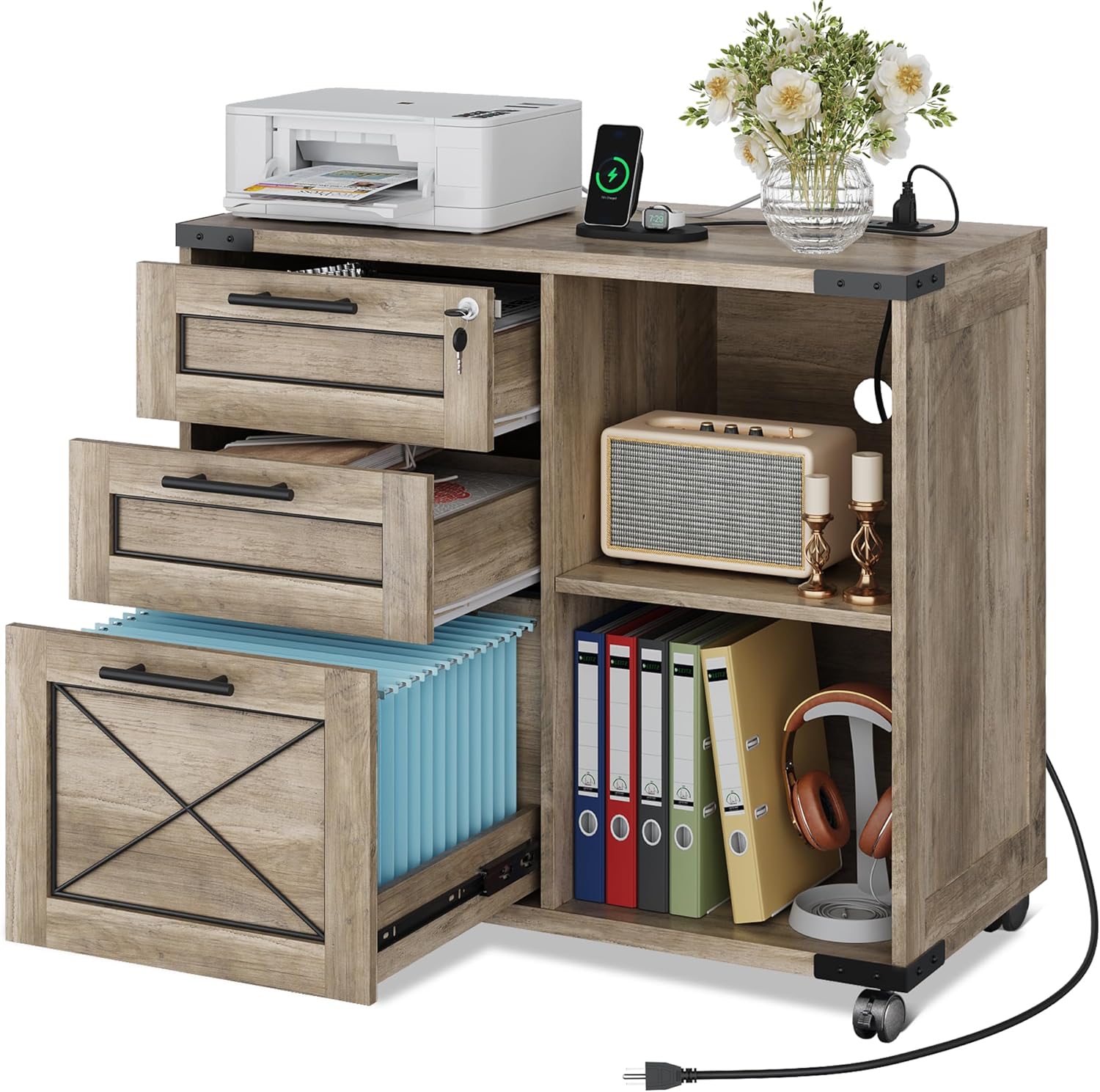 DEVAISE 3-Drawer File Cabinet with Hanging Files, Mobile Rolling Storage Cabinet for Home Office, Printer Stand, Farmhouse Style, Oak