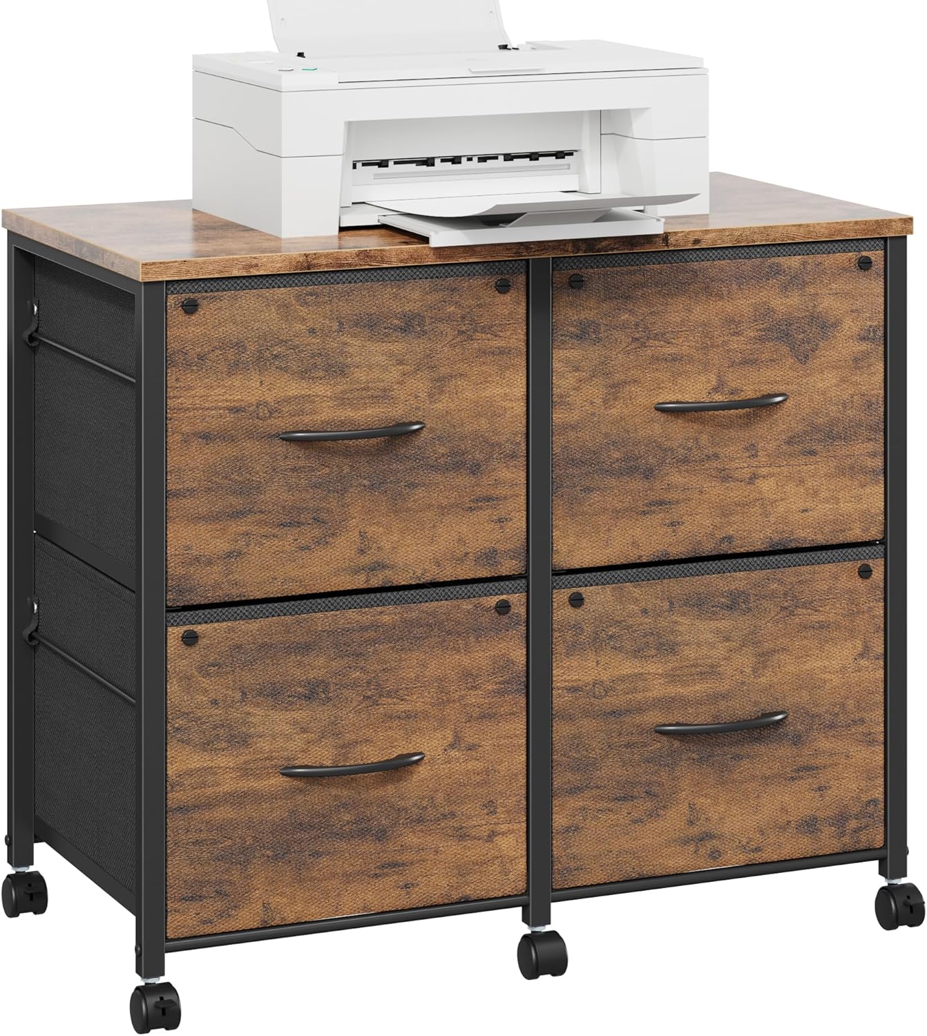 4 Drawer Lateral File Cabinet, Mobile Filing Cabinet for Large Printer, Home Office Functional Small Office Storage Cabinet & Printer Stand, Fits Letter/A4, Rustic Brown