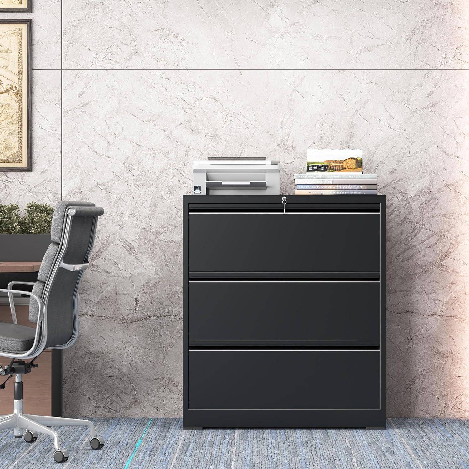 3 Drawer Lateral File Cabinet for Home Office, Lateral File Cabinets with Lock, Metal File Cabinet, Heavy Duty File Storage Cabinet for Legal/Letter/A4 Document, Assembly Required, Black