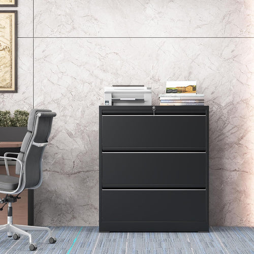 3 Drawer Lateral File Cabinet for Home Office, Lateral File Cabinets with Lock, Metal File Cabinet, Heavy Duty File Storage Cabinet for Legal/Letter/A4 Document, Assembly Required, Black