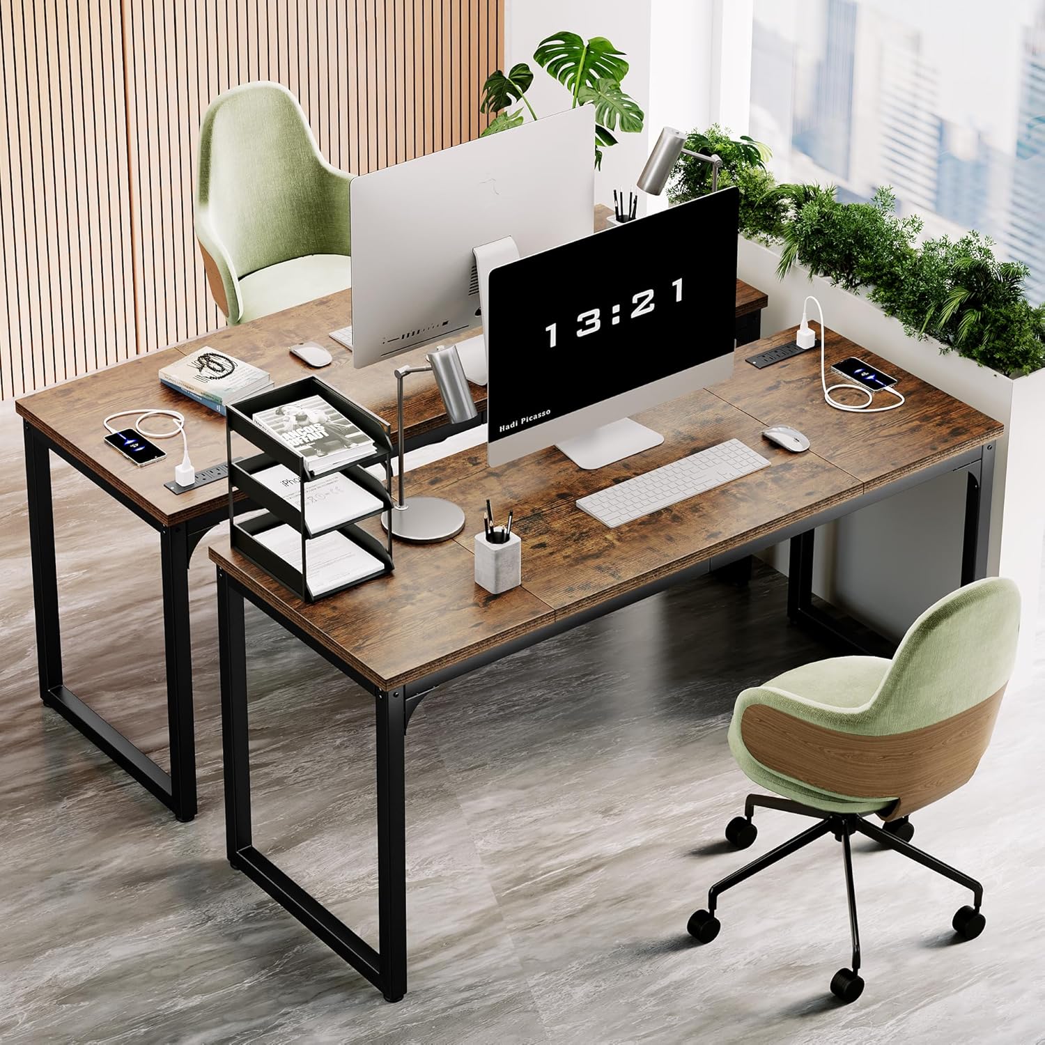 63 x 23.6 Inch Computer Desk with Power Outlets, 1.2 Inch Extra-Thick Desktop, Deeper Office Desk with Robust Metal Tubes, Gaming Writing Work Desk for Home Office, Rustic Brown and Black