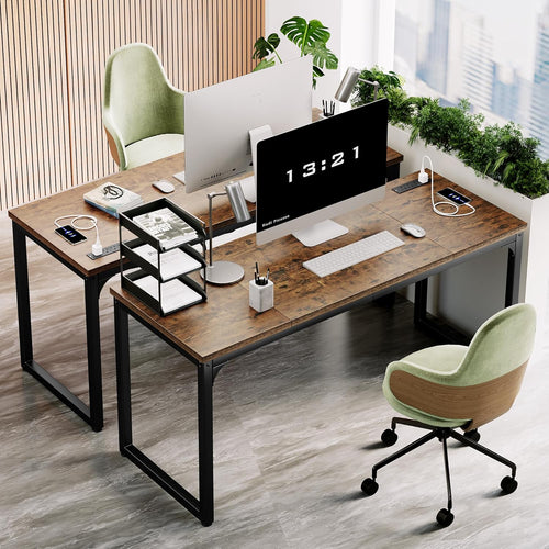 63 x 23.6 Inch Computer Desk with Power Outlets, 1.2 Inch Extra-Thick Desktop, Deeper Office Desk with Robust Metal Tubes, Gaming Writing Work Desk for Home Office, Rustic Brown and Black