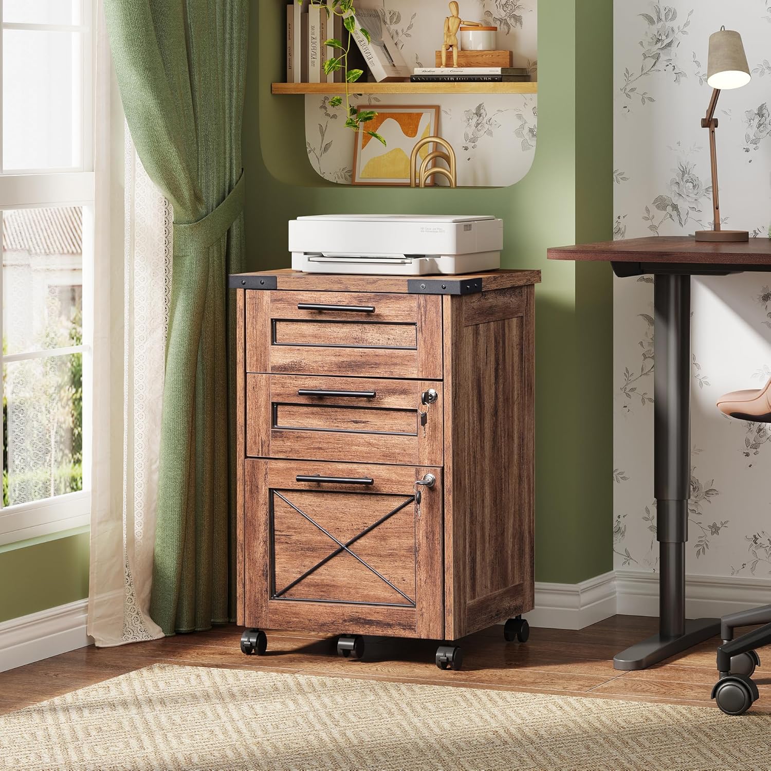 DEVAISE 3-Drawer File Cabinet with Hanging Files, Mobile Rolling Storage Cabinet for Home Office, Printer Stand, Farmhouse Style, Oak