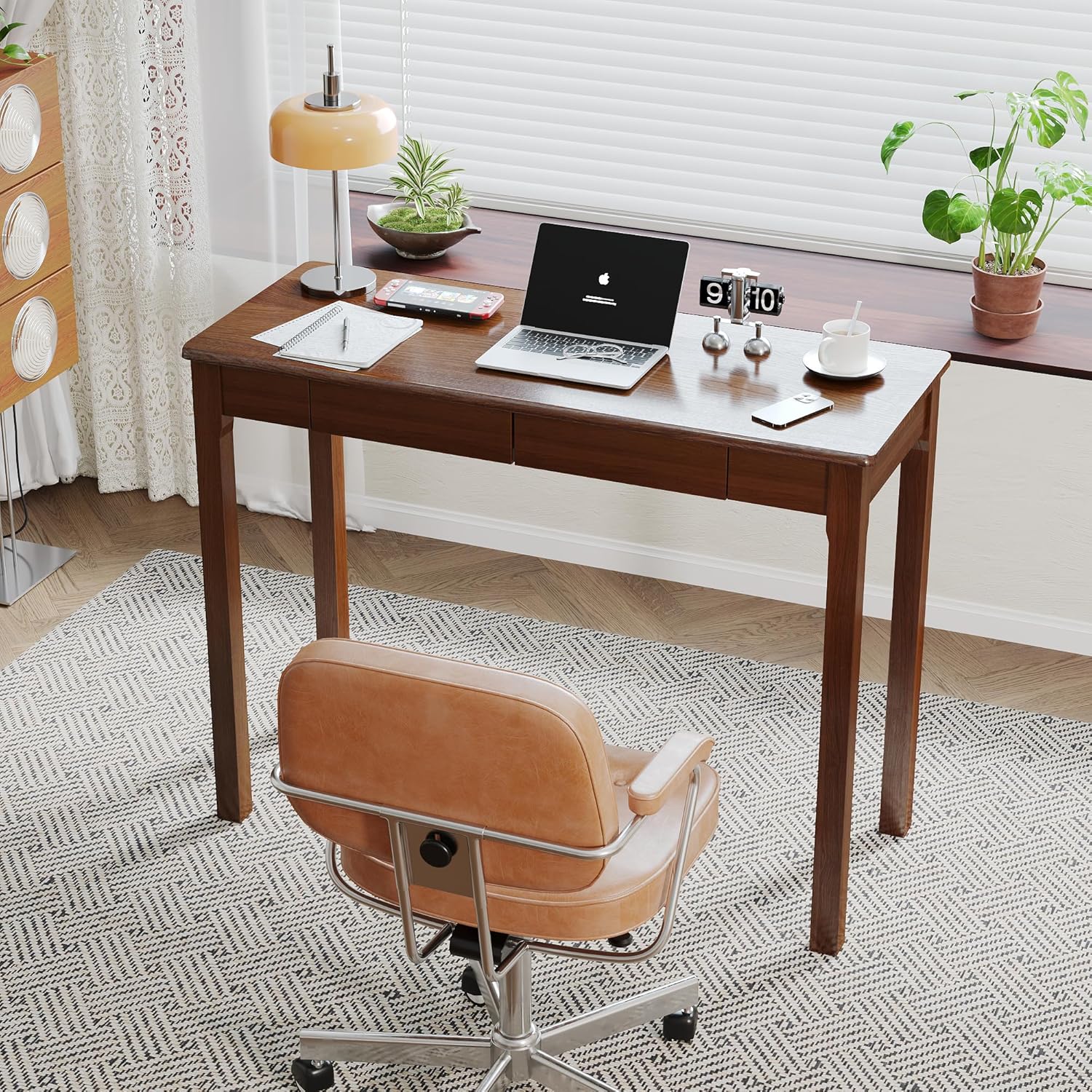 Solid Wooden Desk with Drawers - 39 x 16 Inch Narrow Desks, Rubberwood Mid Century Modern Desks, Small Writing Desk for Bedroom|Small Spaces - Walnut Color
