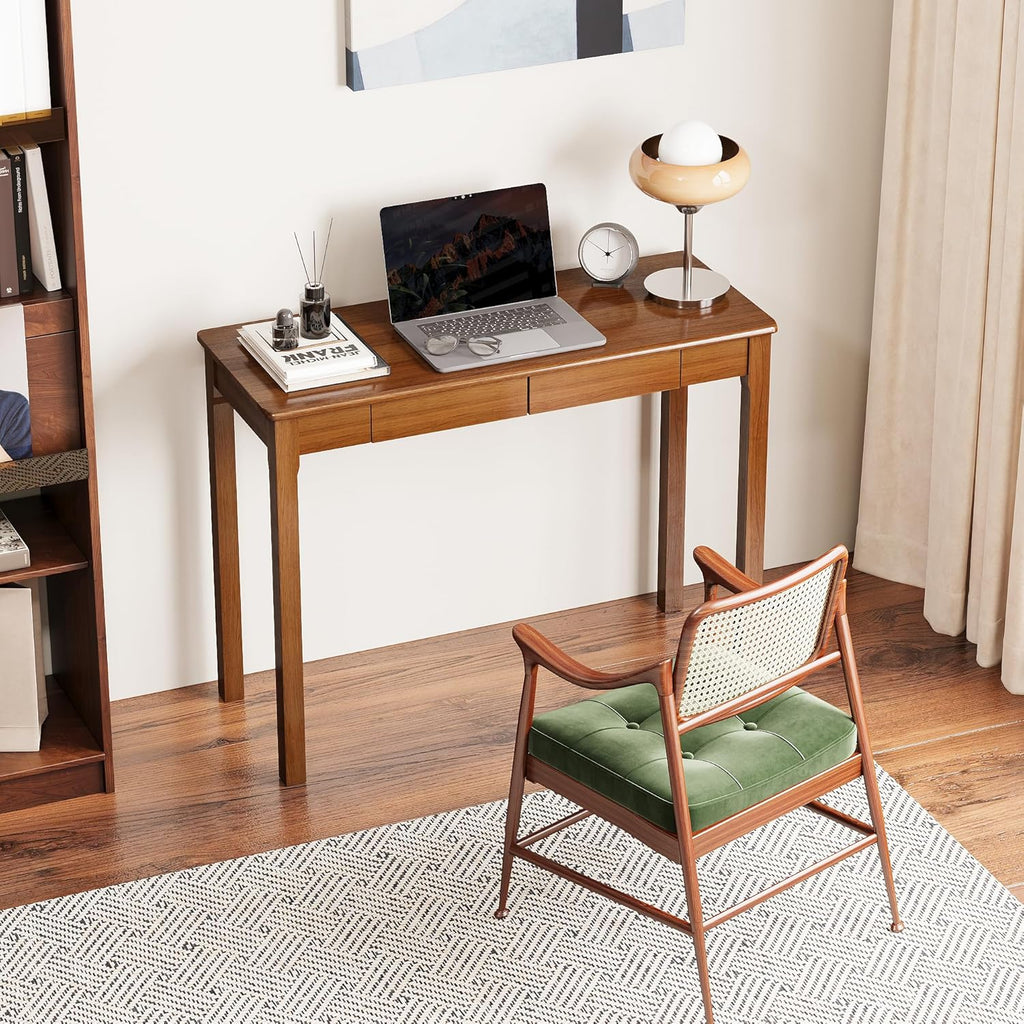 Solid Wooden Desk with Drawers - 39 x 16 Inch Narrow Desks, Rubberwood Mid Century Modern Desks, Small Writing Desk for Bedroom|Small Spaces - Walnut Color