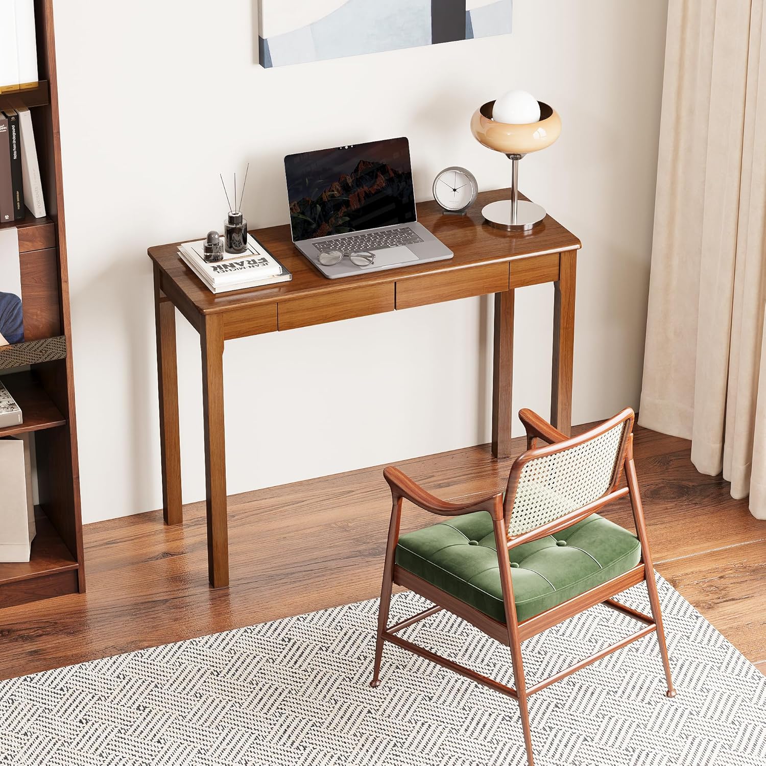 Solid Wooden Desk with Drawers - 39 x 16 Inch Narrow Desks, Rubberwood Mid Century Modern Desks, Small Writing Desk for Bedroom|Small Spaces - Walnut Color