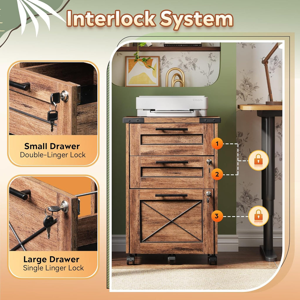 DEVAISE 3-Drawer File Cabinet with Hanging Files, Mobile Rolling Storage Cabinet for Home Office, Printer Stand, Farmhouse Style, Oak